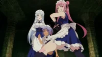 Três maids anime em um cenário escuro de masmorra. Uma de cabelo rosa em pose de ação, uma de cabelo azul pálido séria e uma pequena de pele escura assustada.