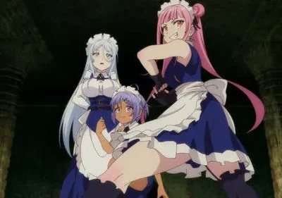 Três maids anime em um cenário escuro de masmorra. Uma de cabelo rosa em pose de ação, uma de cabelo azul pálido séria e uma pequena de pele escura assustada.
