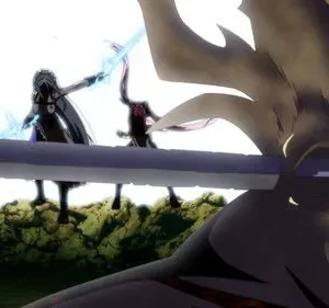 Monstro esquelético em primeiro plano, com três guerreiras de espadas azuis em terreno rochoso contra um céu branco. Batalha fantástica.