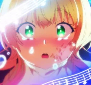 Anime girl loira, olhos verdes, com lágrimas e corada, em fundo azul estelar. Notas musicais e contornos de guitarra brilham.