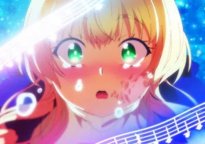 Anime girl loira, olhos verdes, com lágrimas e corada, em fundo azul estelar. Notas musicais e contornos de guitarra brilham.