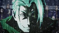 Pôster anime: rosto sorrindo em verde digital com painéis de circuito. Figuras uniformizadas no fundo escuro. Clima misterioso e futurista.