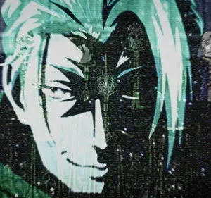 Pôster anime: rosto sorrindo em verde digital com painéis de circuito. Figuras uniformizadas no fundo escuro. Clima misterioso e futurista.