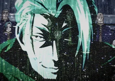 Pôster anime: rosto sorrindo em verde digital com painéis de circuito. Figuras uniformizadas no fundo escuro. Clima misterioso e futurista.