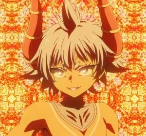 Personagem anime feminina de pele escura, com chifres, olhos brilhantes e sorriso astuto. Fundo caleidoscópico laranja intenso.