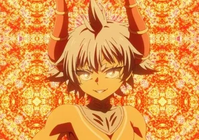 Personagem anime feminina de pele escura, com chifres, olhos brilhantes e sorriso astuto. Fundo caleidoscópico laranja intenso.