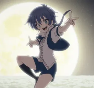 Jovem de anime de cabelo azul e roupa branca/azul aponta os dedos, sorrindo. Grande lua cheia e céu estrelado ao fundo sobre nuvens.