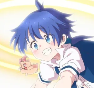 Garota anime de cabelo azul e capa azul sorrindo, com criatura rosa e fundo amarelo girando. Clima alegre e enérgico.