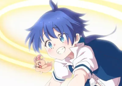 Garota anime de cabelo azul e capa azul sorrindo, com criatura rosa e fundo amarelo girando. Clima alegre e enérgico.