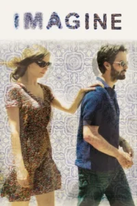 Pôster:Mulher em vestido floral e homem de azul caminhando,sobre fundo de azulejos. A mão dela toca o ombro dele. Imagem suave e onírica.