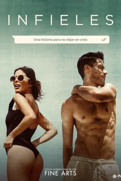 Mulher de maiô e óculos escuros, virando-se, e homem sem camisa, de perfil. Fundo claro texturizado. Clima de drama/romance.