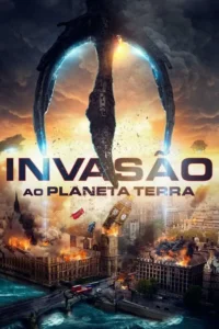 Nave alienígena colossal com luzes azuis paira sobre Londres em chamas e ruínas. Big Ben destruído. Atmosfera de invasão e destruição.