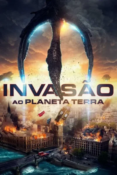 Nave alienígena colossal com luzes azuis paira sobre Londres em chamas e ruínas. Big Ben destruído. Atmosfera de invasão e destruição.
