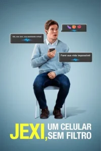 Jovem chocado sentado, com celular e fone de ouvido. Balões de fala mostram assistente virtual com mensagens irreverentes e emojis.