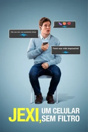 Jovem chocado sentado, com celular e fone de ouvido. Balões de fala mostram assistente virtual com mensagens irreverentes e emojis.