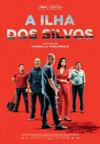 Pôster em fundo vermelho. Cinco pessoas sérias:4 homens,1 mulher. Um segura algemas,outro pá,outro arma. Atmosfera de crime e suspense.