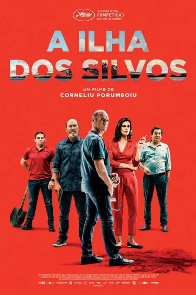Pôster em fundo vermelho. Cinco pessoas sérias: 4 homens, 1 mulher. Um segura algemas, outro pá, outro arma. Atmosfera de crime e suspense.
