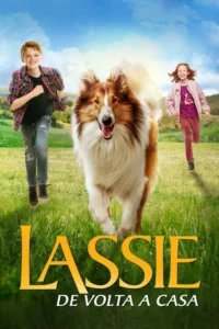 Lassie de Volta a Casa 5 Um cão collie,um menino e uma menina correm felizes em um campo verde. Céu azul e ensolarado. Clima de aventura e amizade.