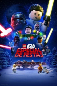 Pôster Lego animado. Personagens de ficção científica com sabres de luz e roupas natalinas em cenário nevado. Millennium Falcon decorado.