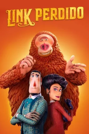 Monstro laranja peludo sorridente, um homem de terno xadrez e uma mulher de vestido vermelho. Pôster de animação em fundo laranja vibrante.