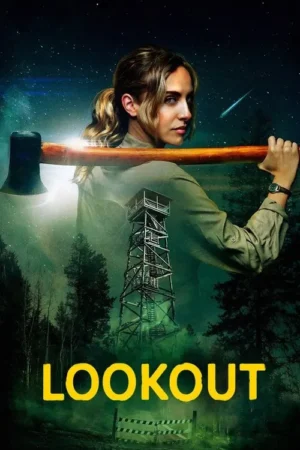Mulher séria com machado no ombro, em destaque sobre uma torre de vigia em floresta escura sob céu estrelado com meteoro.