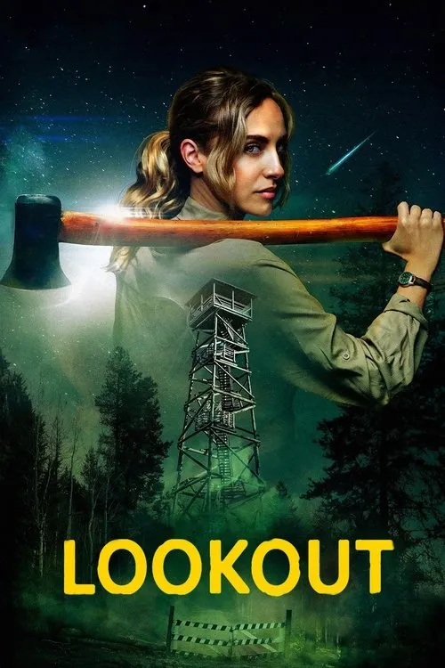 Mulher séria com machado no ombro, em destaque sobre uma torre de vigia em floresta escura sob céu estrelado com meteoro.
