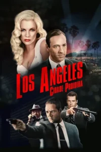 Pôster noir. Mulher loira glamorosa,homens sérios de terno com armas,sobre Los Angeles noturna com letreiro Hollywood. Clima de crime.