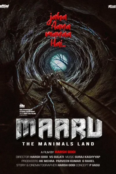 Pôster: Um túnel escuro e sinuoso com um inseto gigante rastejando. Ao fundo, uma luz azul com silhuetas de árvores. Clima sinistro.