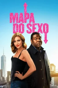 Pôster com mulher de cabelo ondulado sorrindo e homem surpreso em casaco,contra skyline vibrante de Nova York sob céu azul.