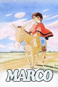 Pôster de anime:Um garoto de poncho vermelho e um macaquinho no ombro,montado em um burro,caminhando por um campo sob céu azul.