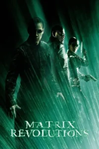 Matrix Revolutions 5 Três figuras de óculos escuros e roupas escuras, uma mulher com duas armas. Fundo verde escuro com código digital caindo e raios de luz. Clima sci-fi intenso.