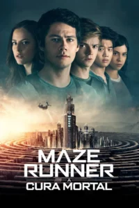 Cinco jovens sérios sobre uma cidade futurista,um labirinto vasto e um helicóptero. Céu dramático,clima de ação e suspense.