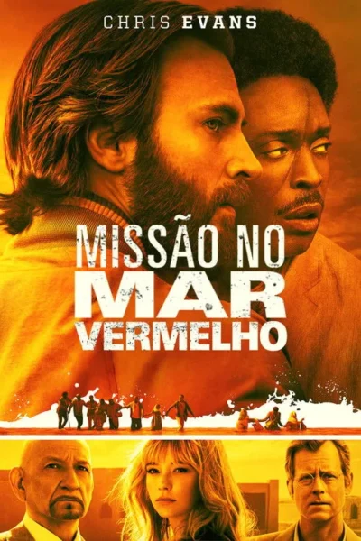 Pôster laranja/amarelo: Dois homens sérios no topo. Abaixo, pessoas andando na água e três personagens sombrios. Clima dramático.
