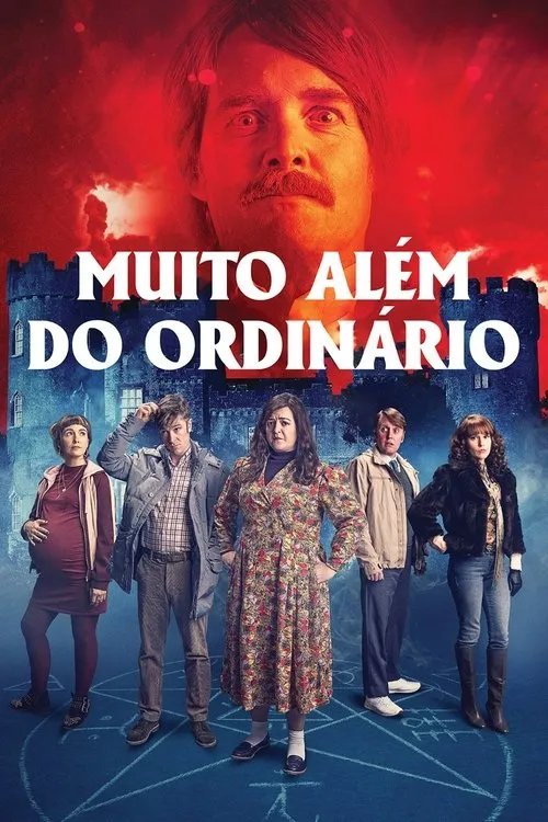 Muito Além do Ordinário 1 Cabeça de homem assustado com bigode acima de um castelo escuro. Cinco personagens com expressões variadas,num símbolo místico. Atmosfera sobrenatural.