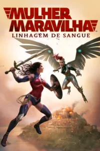Heroína com espada e escudo em confronto com vilã alada em armadura. Cenário de cidade em chamas,clima de batalha épica.