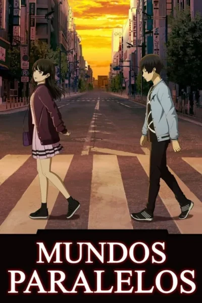 Dois jovens anime cruzam em sentidos opostos numa faixa de pedestres, em uma rua urbana ao pôr do sol laranja.