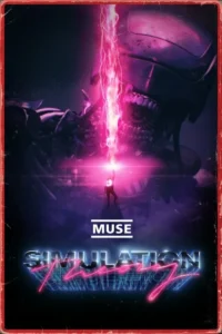 Pôster sci-fi neon. Um monstro robótico observa um humano controlando um feixe de energia rosa brilhante. Fundo escuro e futurista.