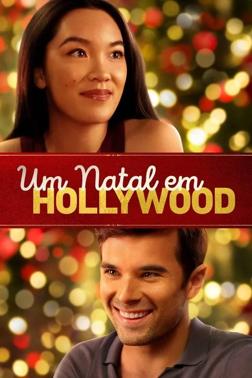 Natal em Hollywood 1 Mulher e homem sorrindo num pôster natalino. Ambos com luzes festivas borradas ao fundo. Clima alegre e romântico.