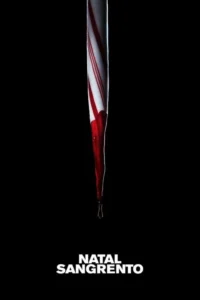 Bastão de doces listrado de vermelho e branco com sangue escorrendo da ponta,em fundo preto. Clima natalino sombrio e de horror.