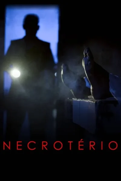 Silhueta com lanterna iluminando pés em mesa fria. Ambiente escuro e azulado com vapor, sugerindo investigação e suspense.