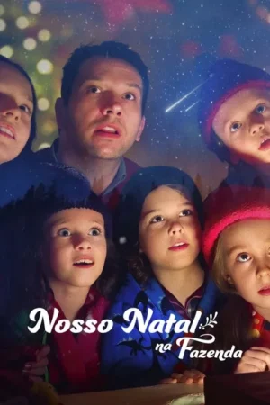 Um homem e 5 crianças, alguns de gorro, olham maravilhados para um céu noturno estrelado com meteoros. Atmosfera mágica.
