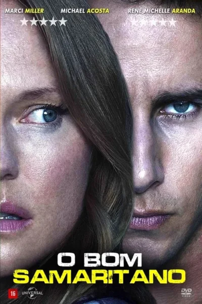 Close-up dos rostos de uma mulher e um homem, divididos ao meio. Ambos têm olhos azuis intensos e expressões sérias. Tom sombrio.