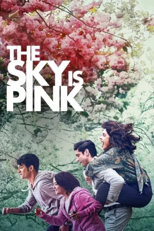 Quatro pessoas alegres, incluindo uma mulher sendo carregada e gritando de felicidade, em meio a flores cor-de-rosa e folhagem verde.