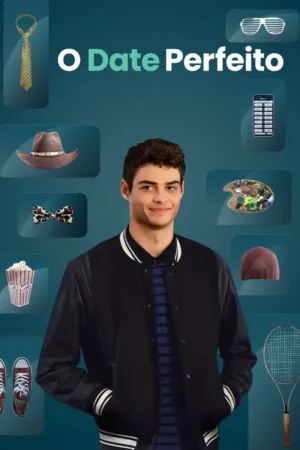 Jovem sorridente em jaqueta varsity, cercado por ícones flutuantes de vários acessórios e itens de lazer sobre fundo azul.