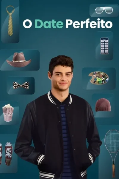 Jovem sorridente em jaqueta varsity, cercado por ícones flutuantes de vários acessórios e itens de lazer sobre fundo azul.