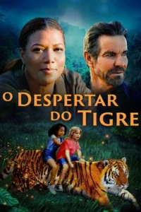 Pôster:Mulher e homem adultos. Uma menina negra e um menino branco montam um tigre brilhante em uma selva verde-azulada.