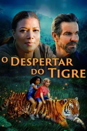 Pôster: Mulher e homem adultos. Uma menina negra e um menino branco montam um tigre brilhante em uma selva verde-azulada.