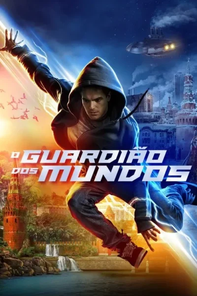 Homem de capuz salta com energia elétrica. Cidades contrastantes ao fundo: uma exuberante com cachoeiras e outra nevada com nave. Ação e fantasia.