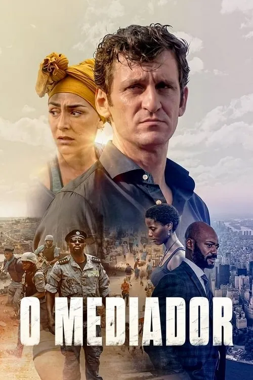 Um homem sério no centro, com mulher de lenço à esquerda. Cenários de conflito urbano e metrópole, com figuras militares e civis. Clima dramático.