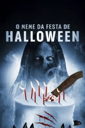 Pôster de horror. Uma figura fantasmagórica de olhos brancos paira sobre um bolo com faca ensanguentada e arranhões.